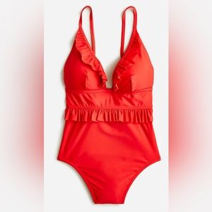 J. Crew NWT Ruffle Plunge One-Piece Swimsuit - Bright Cerise Red - Size 2